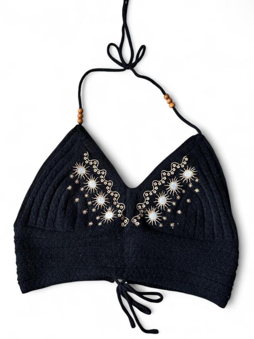 ROMWE Black Halter Knit Crop Top with Sunburst Embroidery